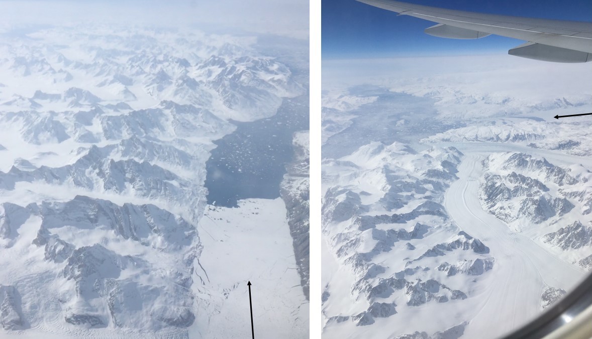 Looking south on Midgaard Glacier (arrow in left picture) and on Helheim Glacier (arrow in right picture), which are both terminating into Sermilik Fjord, Eastern Greenland.