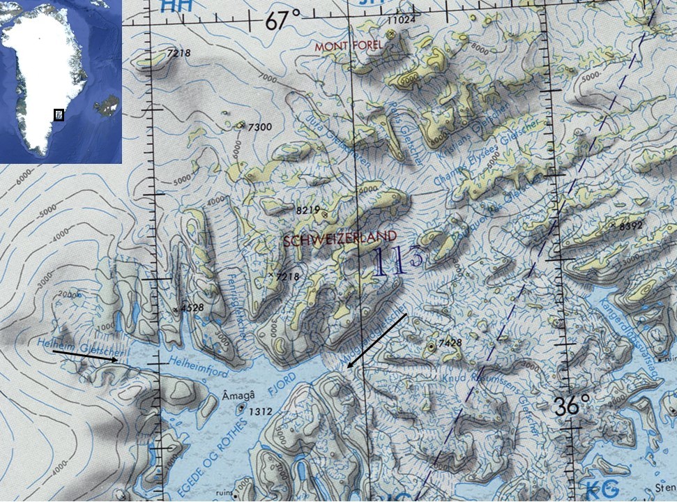 Map of Schweizerland Range in Eastern Greenland. The arrows indicate the same locations and directions as in the previous Figure. The inset map shows Greenland with a black rectangle on Sermilik Fjord. The elevation is indicated in ft. Map sources: wikimedia.org, GoogleEarth