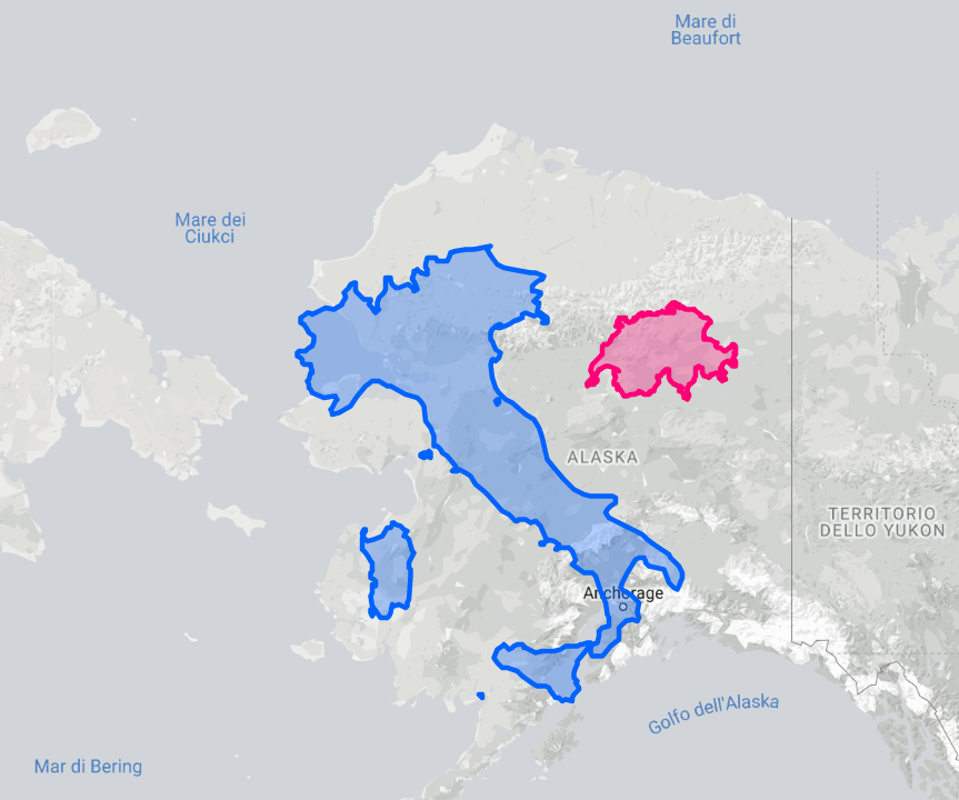 Italy and Switzerland compared to Alaska. Map source: thetruesize.com