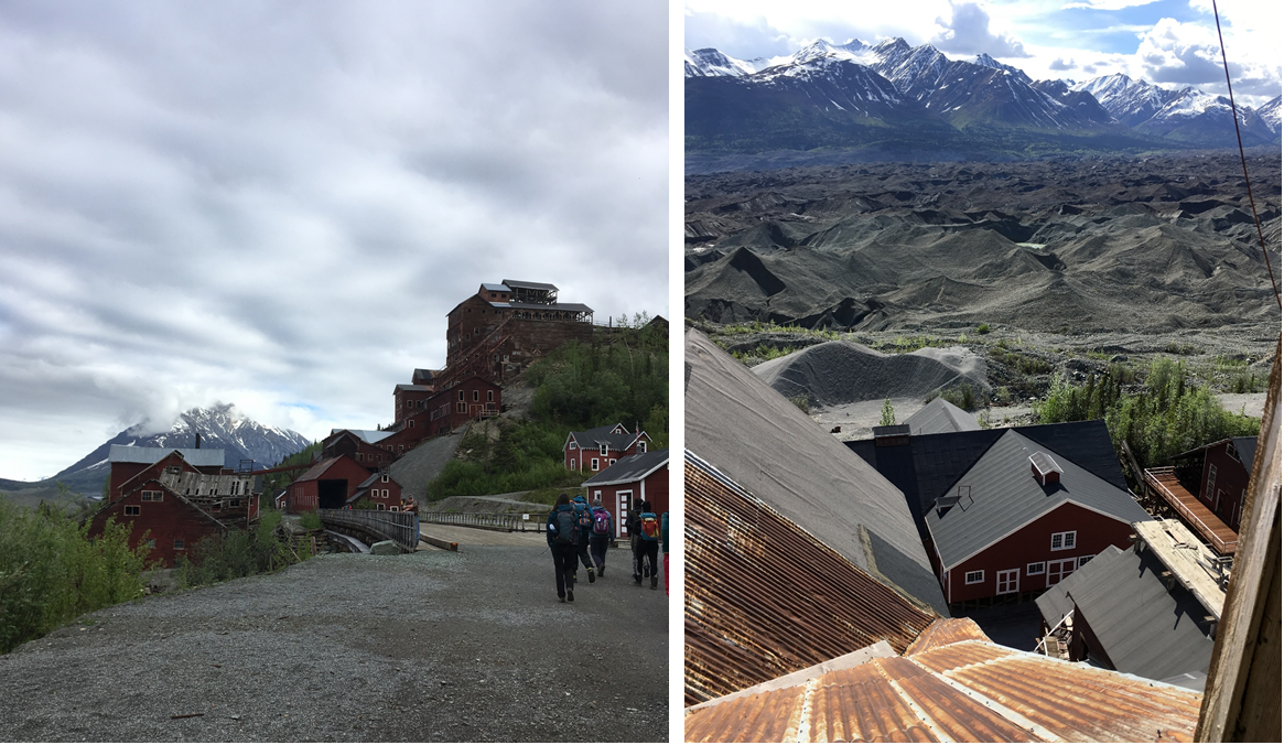 The village of Kennecott with the lost mill building at the top of the houses (left) and the view outside its windows down on the derbis-covered Kennicott Glacier (right).