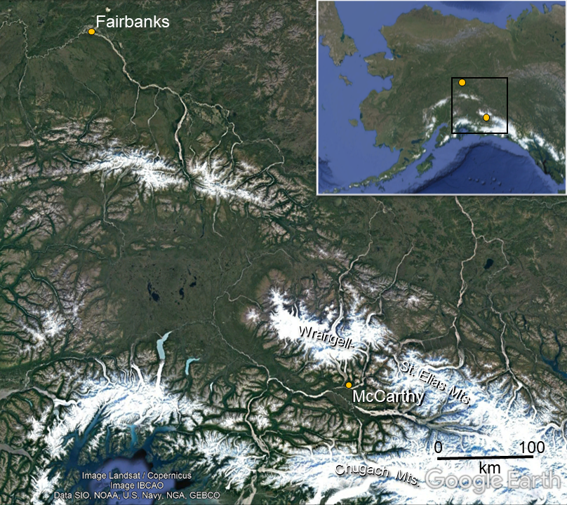 Map of south central Alaska, with Fairbanks in the north and McCarthy within the Wrangell-St. Elias Mountain Range in the south. Map source: GoogleEarth