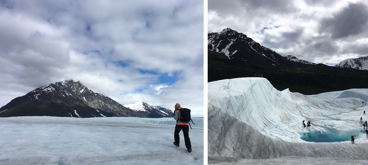 Anna on Root Glacier, a tributary arm of Kennicott Glacier (left) and students preparing for a bath on a melt pond on Root Glacier (right).