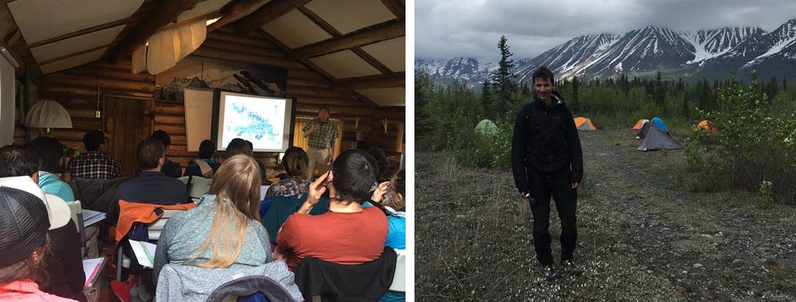 Our cozy class room in a block hut (left). Our cozy camping ground in McCarthy (right).