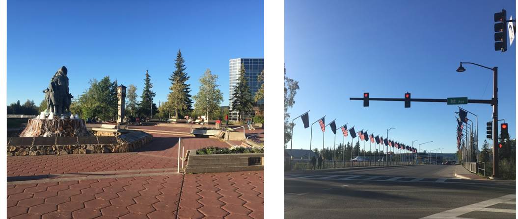 Golden Heart Plaza (1984), the Malcolm Alexander’s “Unknown First Family” statue and the clock tower (left). First Avenue and the bridge on Cushman Street (right).