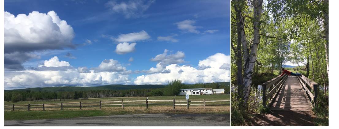 The Creamer’s Field Migratory Waterfowl Refuge (left). Pascal’s stretching exercises along the trail (right).